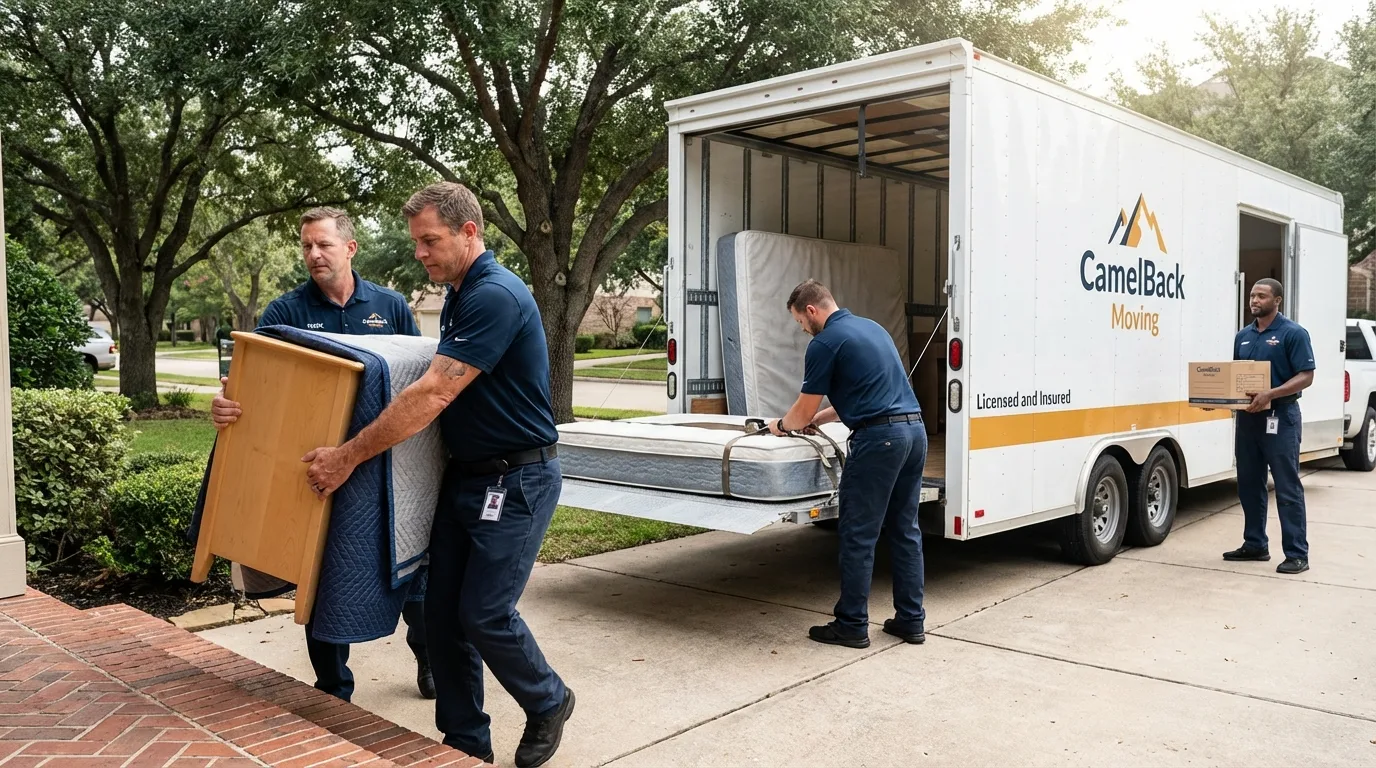 Crew loading residential truck for cross-state move from Honey Grove, TX