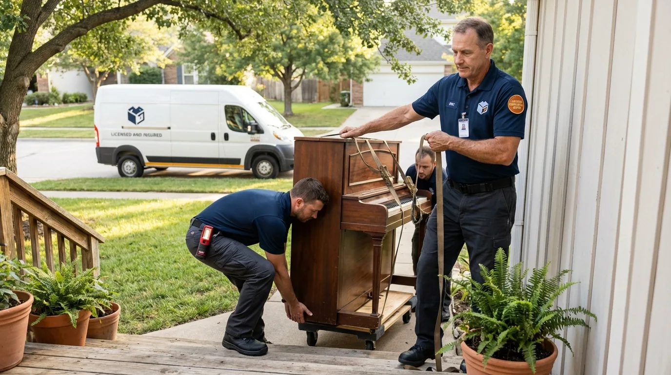 Licensed piano movers securing grand piano in Honey Grove, TX