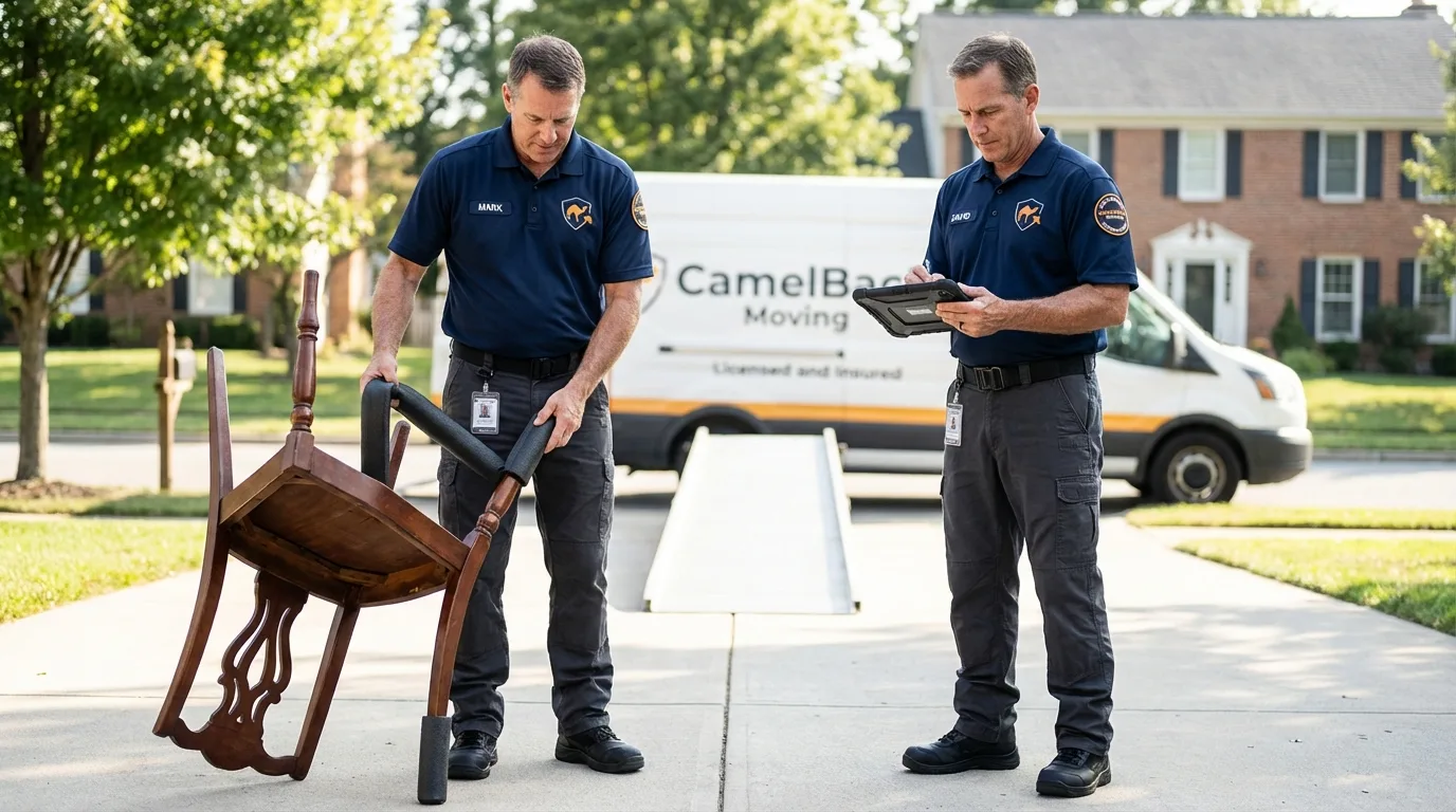 Movers inspecting furniture for damage prevention before loading in Honey Grove, TX