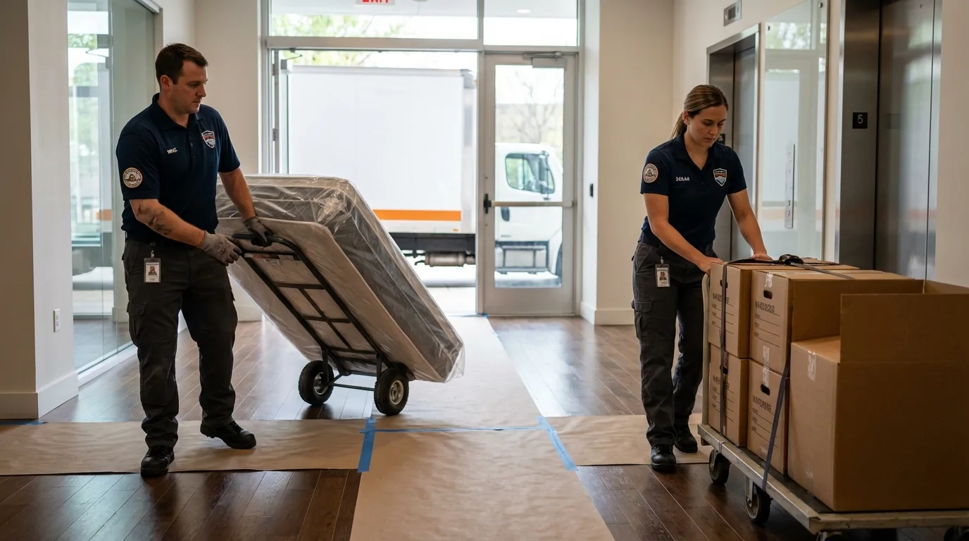 Professional apartment movers loading elevator in Honey Grove, TX